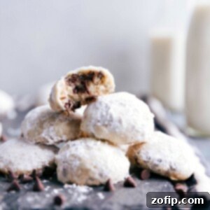Chocolate Chip Snowball Cookies with powdered sugar