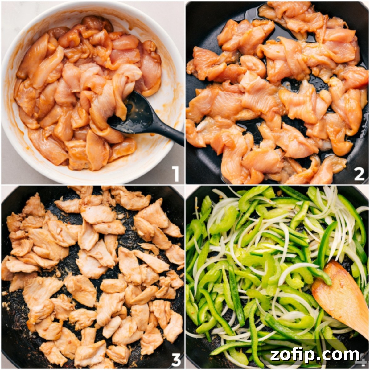 Marinated chicken strips ready for cooking, alongside thinly sliced peppers, highlighting the preparation steps for Black Pepper Chicken.