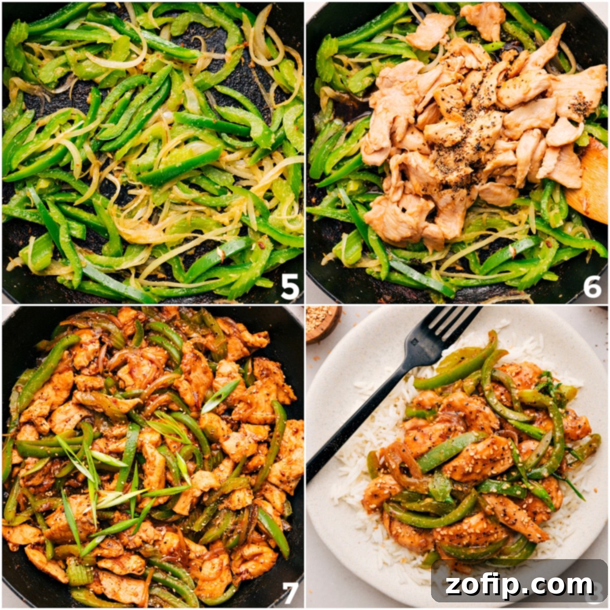 The Black Pepper Chicken stir-fry fully cooked in a skillet, showcasing the tender chicken and colorful vegetables coated in the thick, glossy sauce, ready to be served.