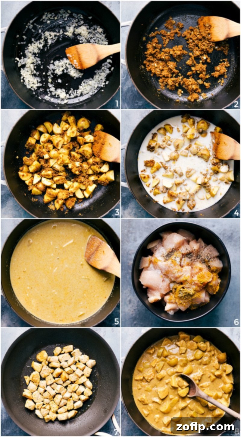 A visual sequence demonstrating the key cooking steps for Yellow Chicken Curry: golden onions sautéing with spices, diced potatoes added to the fragrant base, rich coconut milk simmering to thicken, and chicken pieces being seared in a separate pan.