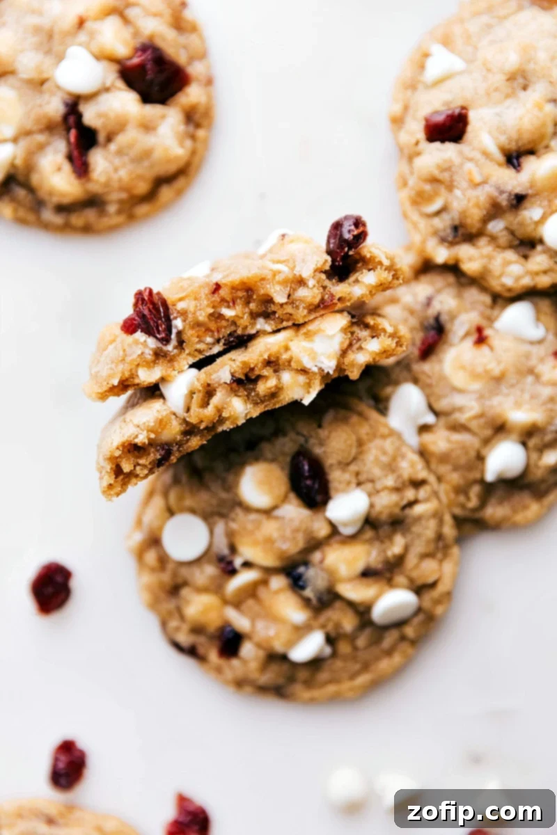 Inside Look at a Gooey Cranberry Oatmeal Cookie: Melted White Chocolate and Tender Berries Warm, freshly baked dessert split open, revealing a gooey interior with melted white chocolate chips and soft cranberries, showcasing its irresistible texture.
