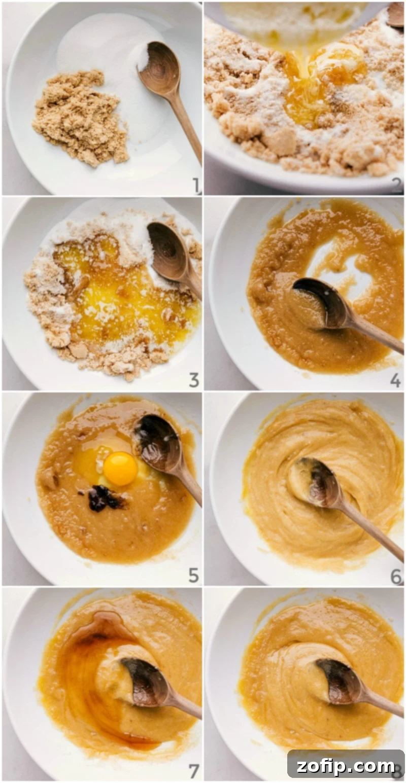 Cookie dough creation showing wet and dry ingredients being mixed in a bowl until smooth, a crucial step for perfect White Chocolate Cranberry Cookies.