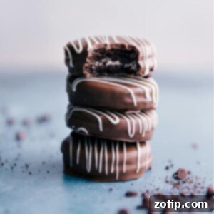 Decadent Chocolate Dipped Oreos 8 Close-up of a beautifully decorated chocolate covered Oreo, ready to be enjoyed