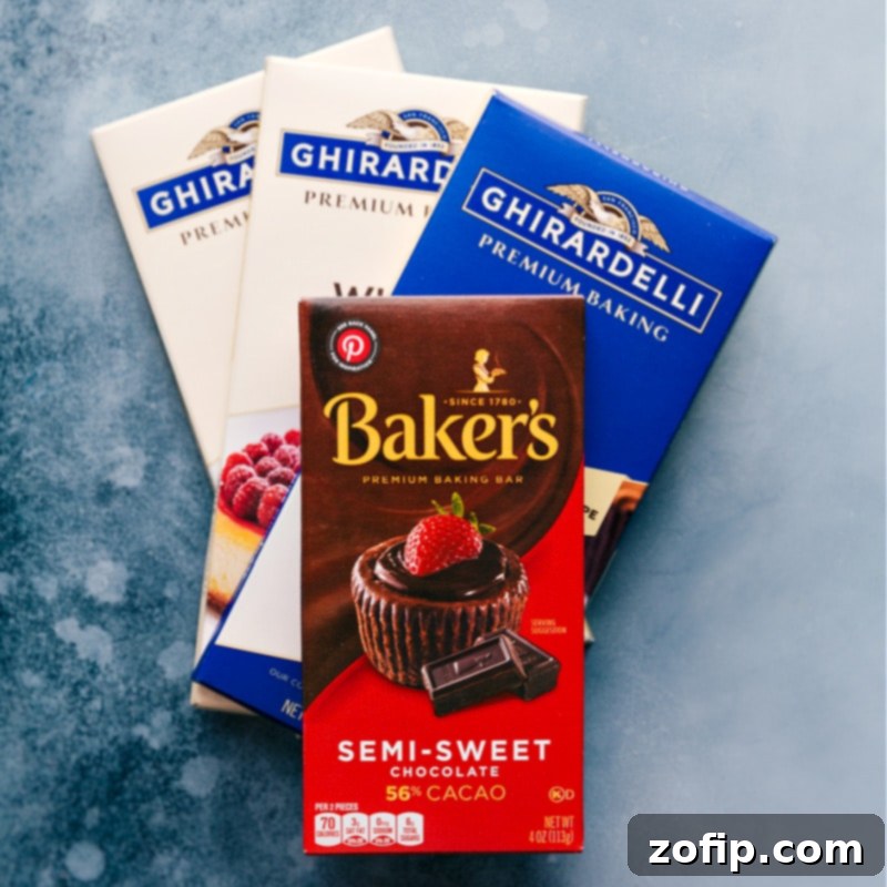 Decadent Chocolate Dipped Oreos 5 Assortment of high-quality chocolate bars and melting wafers in various types, including milk, dark, and white chocolate, arranged as ingredients for the recipe