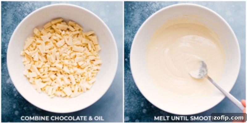 Decadent Chocolate Dipped Oreos 6 Process shot illustrating white chocolate gently melting in a microwave-safe bowl, ready for the dipping stage of making chocolate covered Oreos