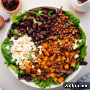 Autumn Harvest Salad 3 Thanksgiving Salad with roasted butternut squash, candied pecans, feta, and dried cranberries.