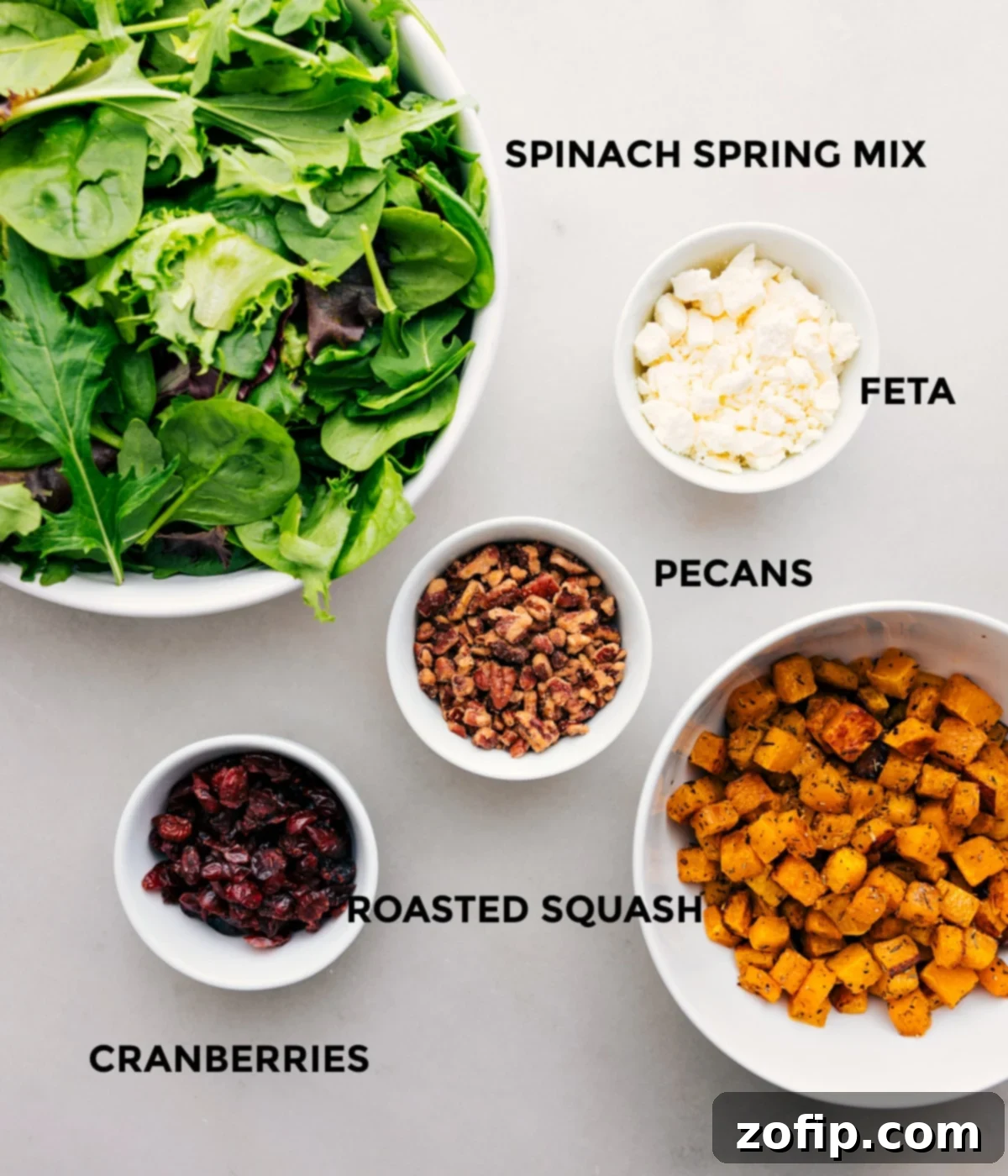Key Ingredients for a Delicious Thanksgiving Salad All the fresh ingredients for the Thanksgiving Salad laid out on a table: mixed greens, crumbled feta, candied pecans, bright red dried cranberries, and diced roasted butternut squash.