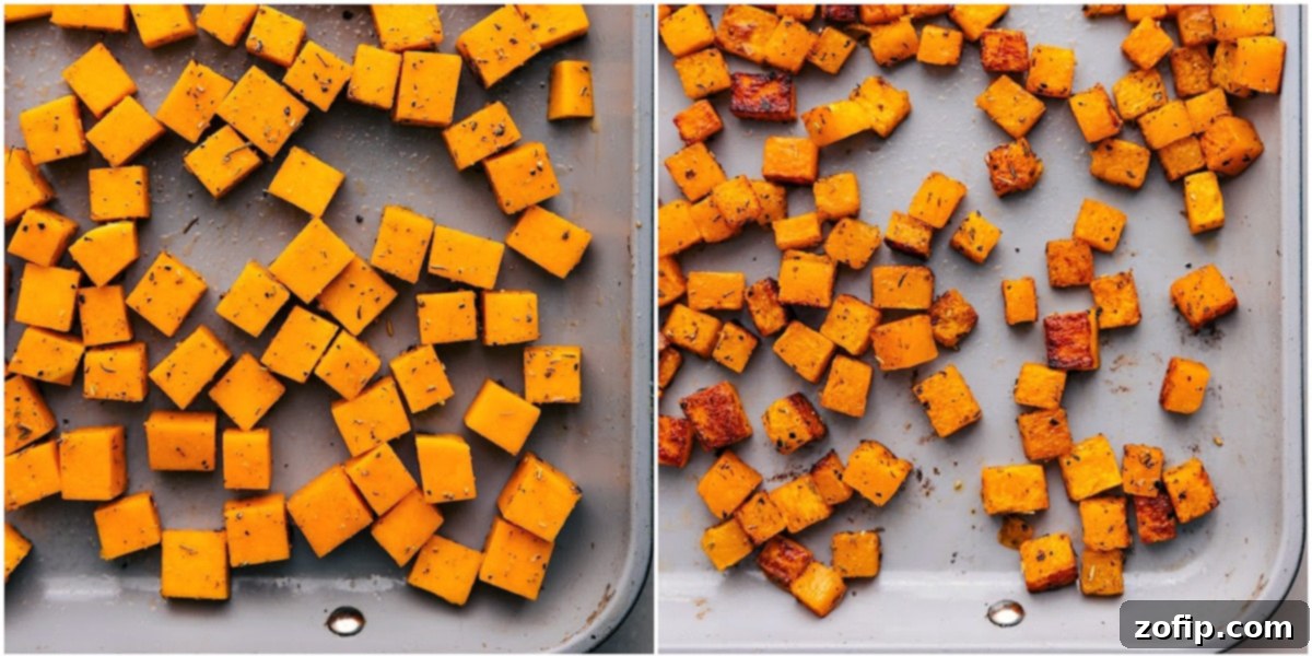 How to Roast Butternut Squash for Salad Diced butternut squash pieces spread evenly on a large sheet pan, ready for roasting to achieve perfect tenderness and light caramelization for the salad.