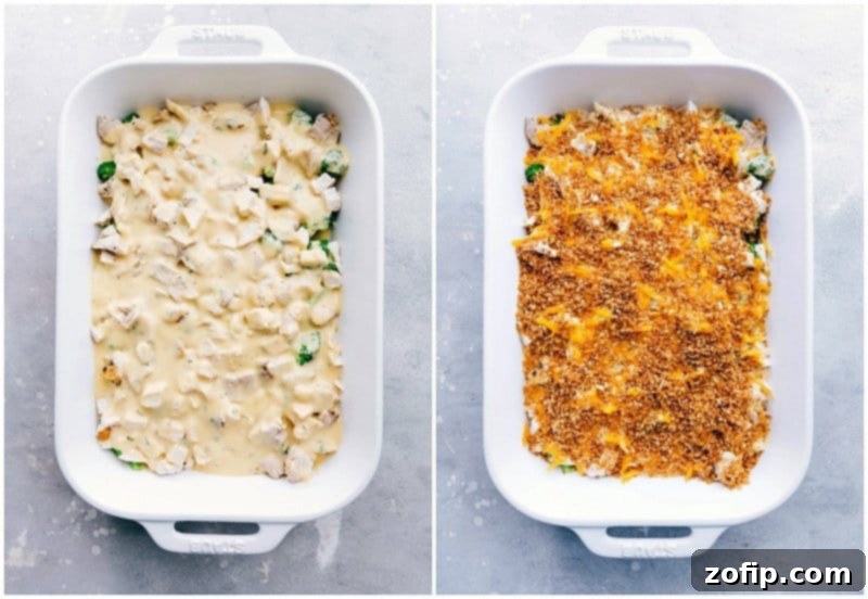 Panko and Cheese Topping - Prepping Chicken Divan Casserole The finished Chicken Divan casserole, topped with golden-brown panko breadcrumbs and melted cheese, ready for the oven.