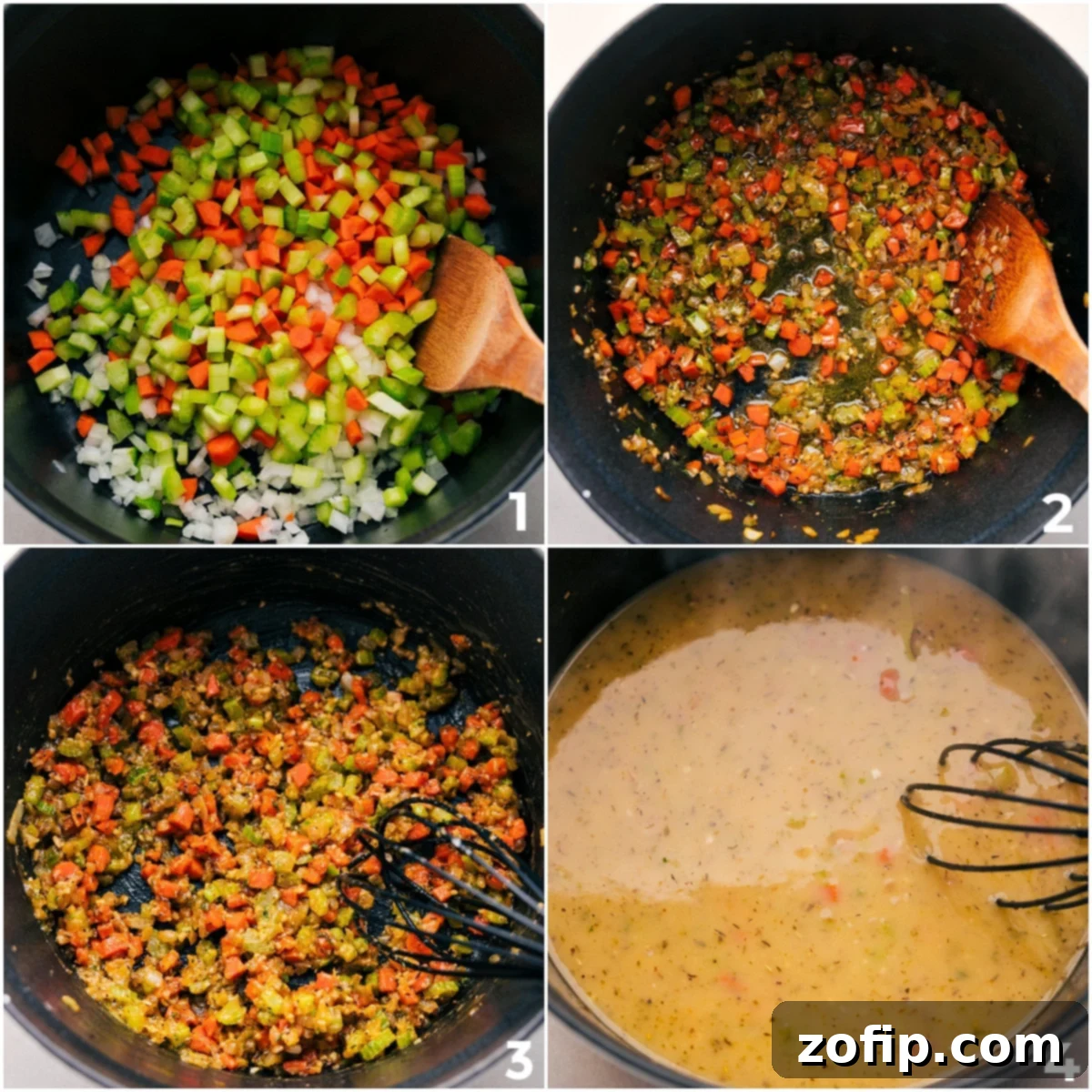 Sautéing diced onion, celery, and carrots in a large pot. After they soften, add garlic and then a blend of seasonings and chicken broth, bringing the mixture to a simmer to develop rich flavors for the chicken gnocchi soup base.