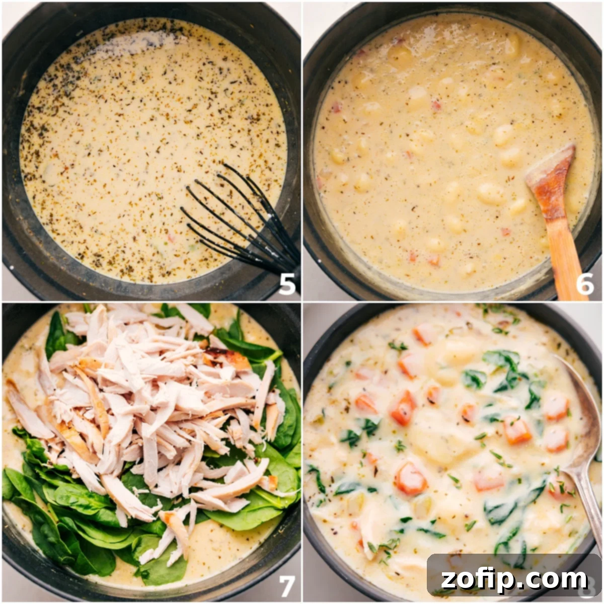 The final step of making Quick and Easy Chicken Gnocchi Soup: adding heavy cream, soft gnocchi, shredded chicken, and fresh spinach to the simmering pot, then stirring everything together until perfectly heated through and ready to serve.