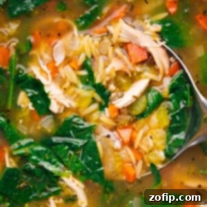 Steaming pot of homemade lemon chicken orzo soup with a ladle inside, highlighting the rich ingredients.