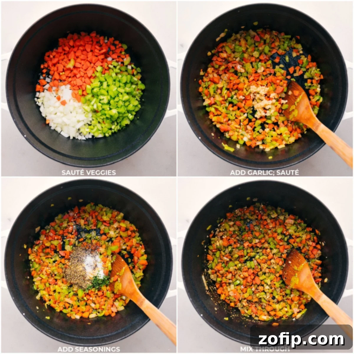 Freshly chopped vegetables, including carrots, celery, and onions, being sautéed in a large pot with olive oil, ready for the next step in the soup preparation.