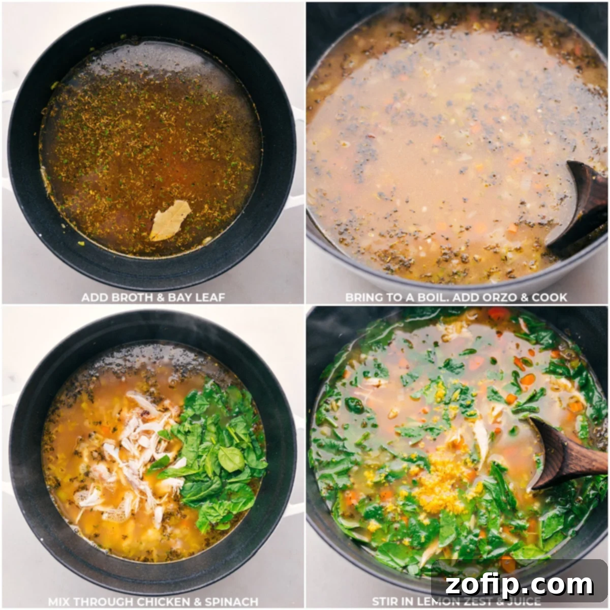 A bay leaf and chicken stock being added to a pot of sautéed vegetables, preparing the base for a delicious Lemon Chicken Orzo Soup. Next steps include adding chicken, spinach, and lemon.