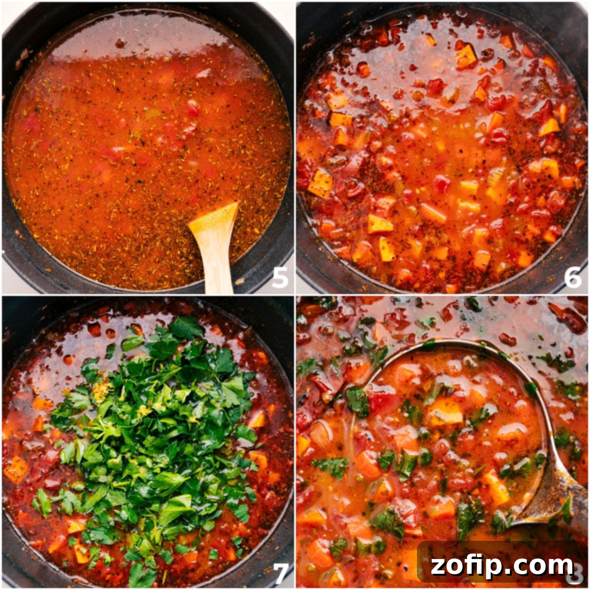 Simple And Delicious One Pot Vegetable Soup Recipe The finished vegetable soup simmering gently in the pot, with fresh herbs sprinkled on top, ready for serving.