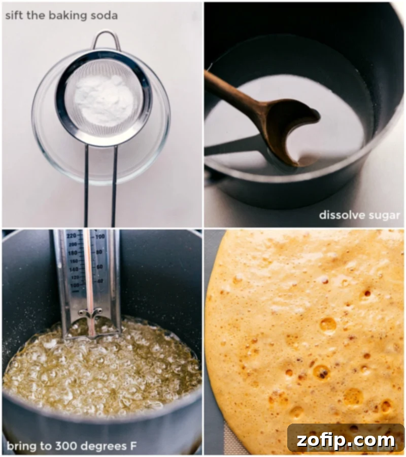 Step-by-step visuals for making Honeycomb Candy: sifting baking soda, dissolving sugar, mixture reaching 300°F, and pouring into a pan.