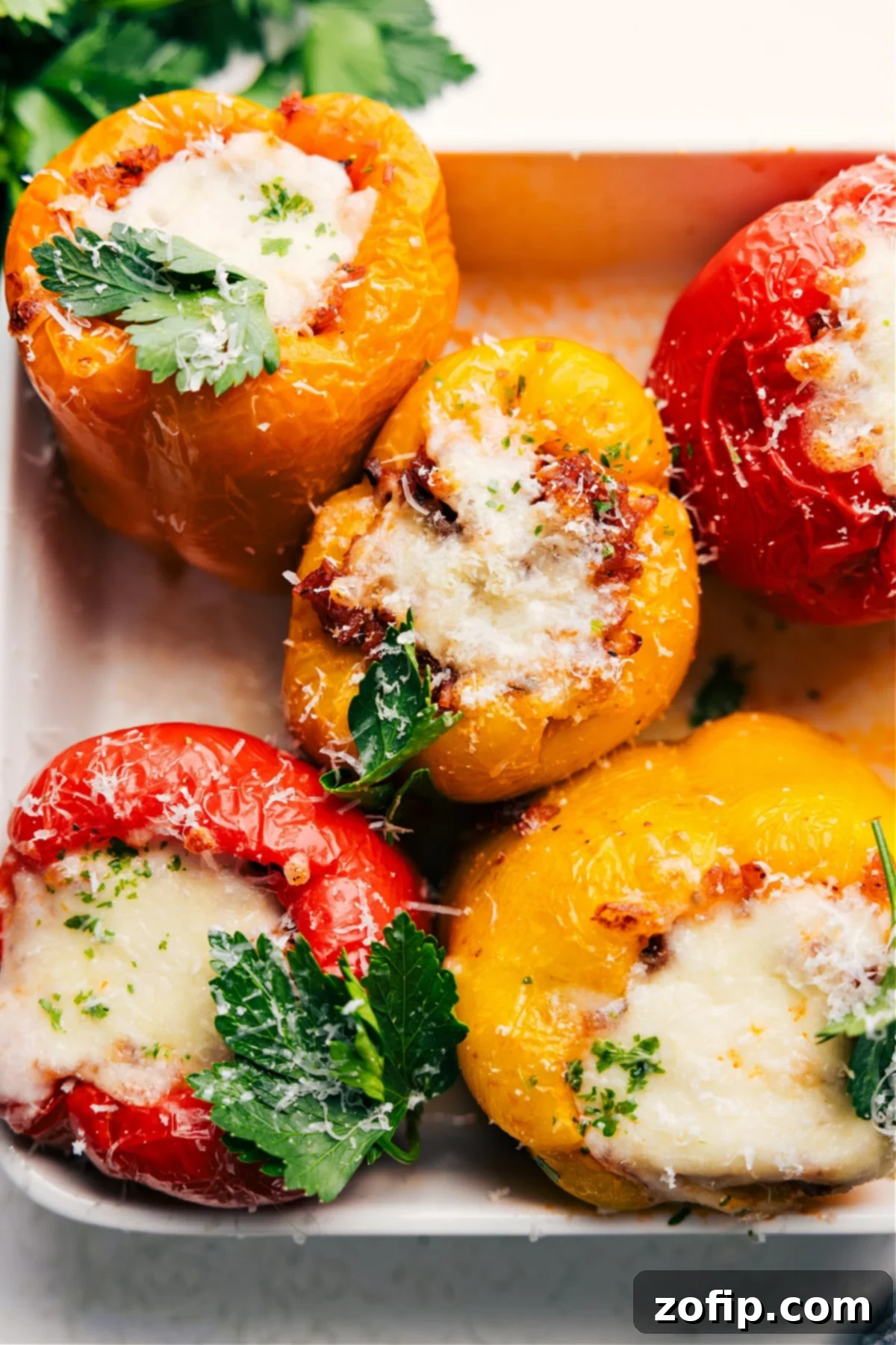 Flavorful Italian Stuffed Peppers 2 Italian stuffed peppers baked in a casserole dish, ready to be served, topped with melted cheese and fresh parsley.