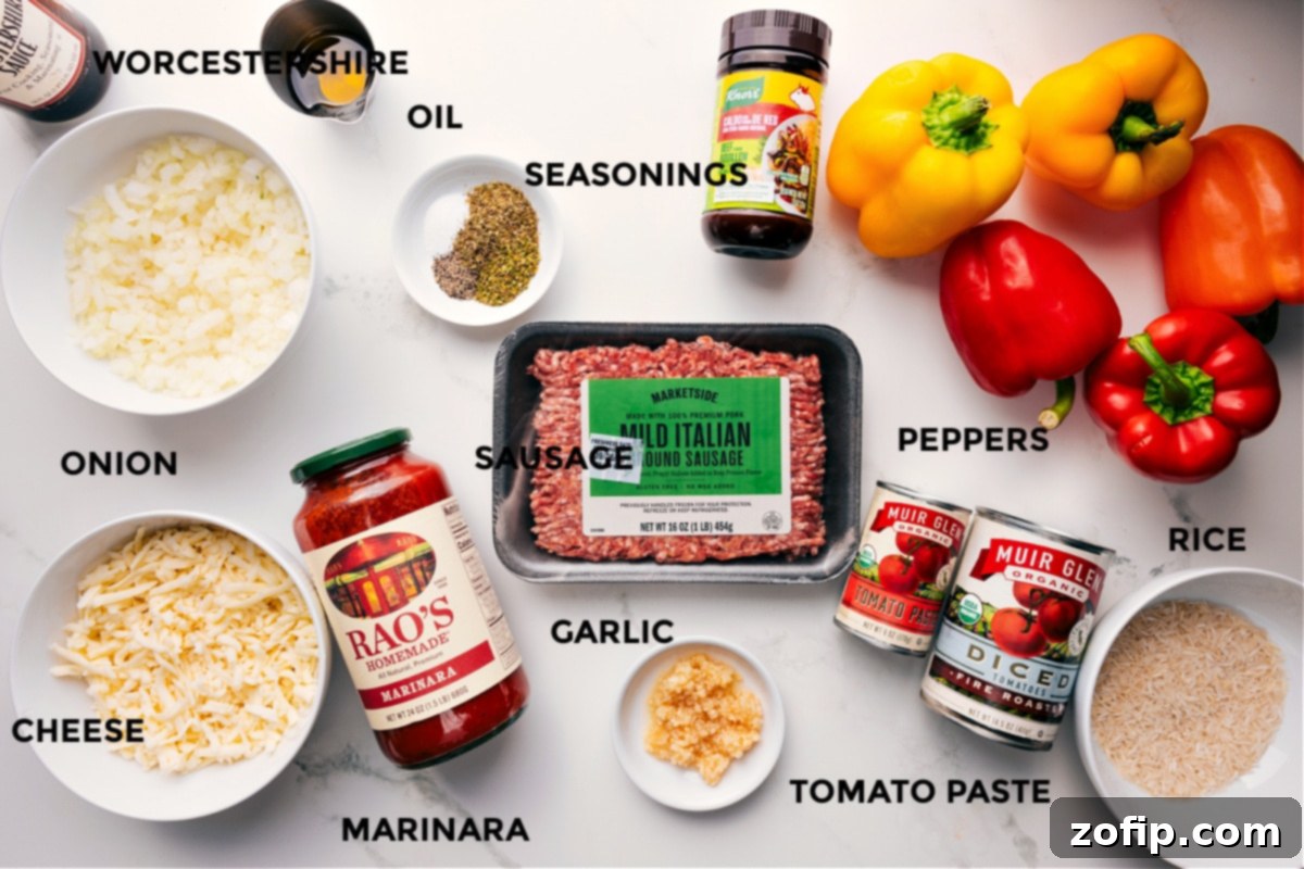 Flavorful Italian Stuffed Peppers 3 All the fresh ingredients for Italian stuffed peppers laid out, including colorful bell peppers, Italian sausage, marinara, rice, onions, garlic, tomato paste, Worcestershire sauce, and cheese.