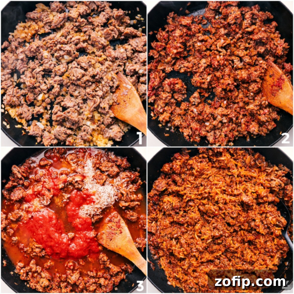 Flavorful Italian Stuffed Peppers 4 A large skillet showing browned Italian sausage, sautéed onions, tomato paste, and rice mixed together, forming the savory filling for Italian stuffed peppers.