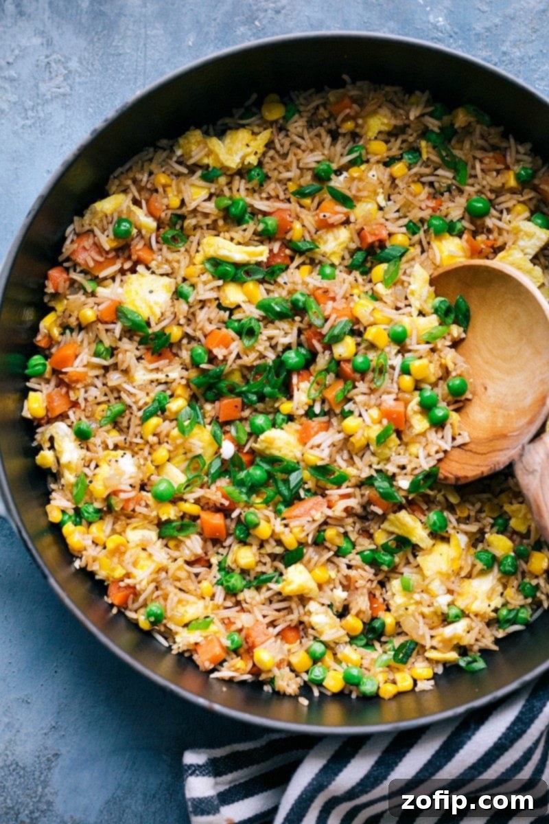 Delicious Serving of Classic Fried Rice Plate of flavorful fried rice with a mix of colorful vegetables, perfectly cooked egg, and seasonings, garnished with fresh green onions.