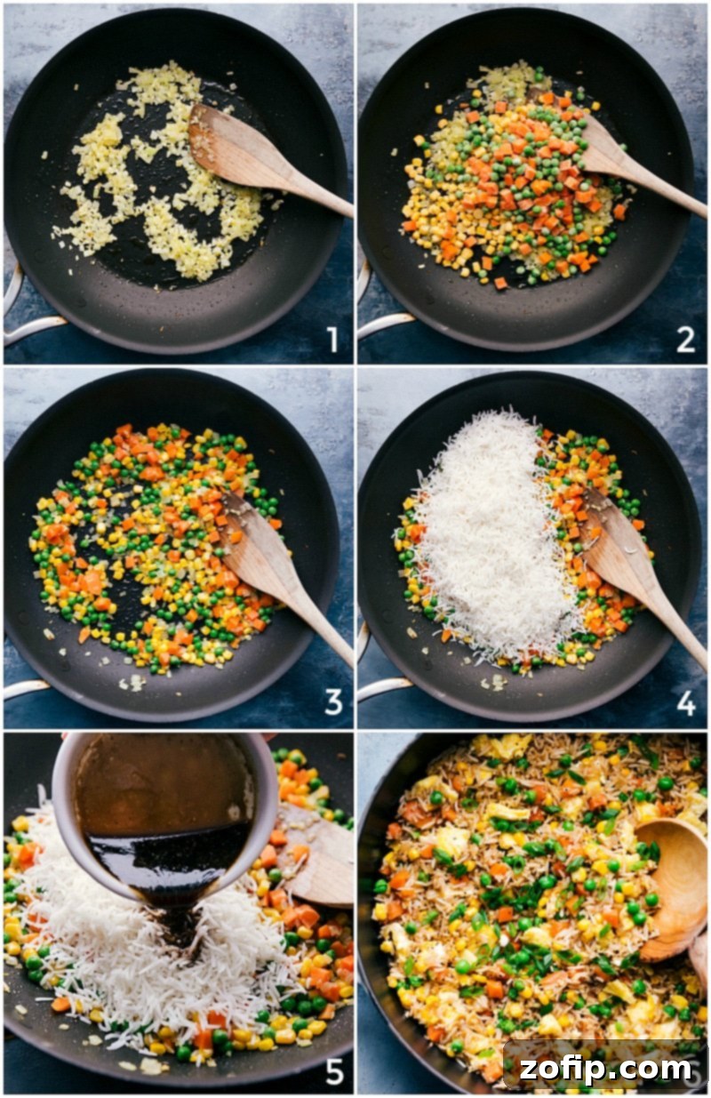 Step-by-Step Collage of Fried Rice Recipe Preparation A visual collage illustrating the cooking steps: sautéing onions and garlic, adding mixed vegetables, and pouring in the savory sauce, demonstrating key stages of fried rice preparation for home cooks.
