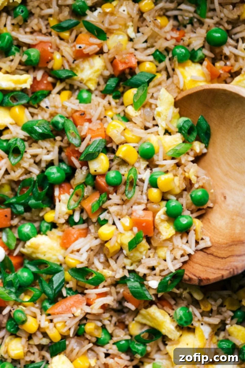 Detail Shot of Flavorful Fried Rice A beautifully plated serving of homemade fried rice, showcasing its vibrant colors, distinct grains, and appealing mix of ingredients, ready to be enjoyed.