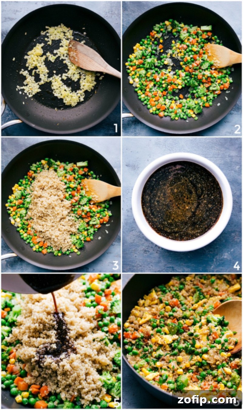 Sautéing vegetables and quinoa in a pan with and adding sauce to the dish.