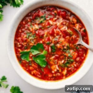 Stuffed Pepper Soup in a pot, ready to be served