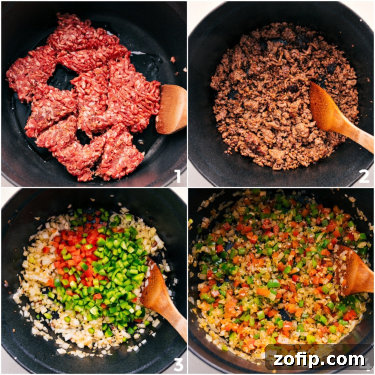 Step-by-step photos showing the process of browning ground Italian sausage and sautéing diced onions and bell peppers in a large pot for homemade stuffed pepper soup.