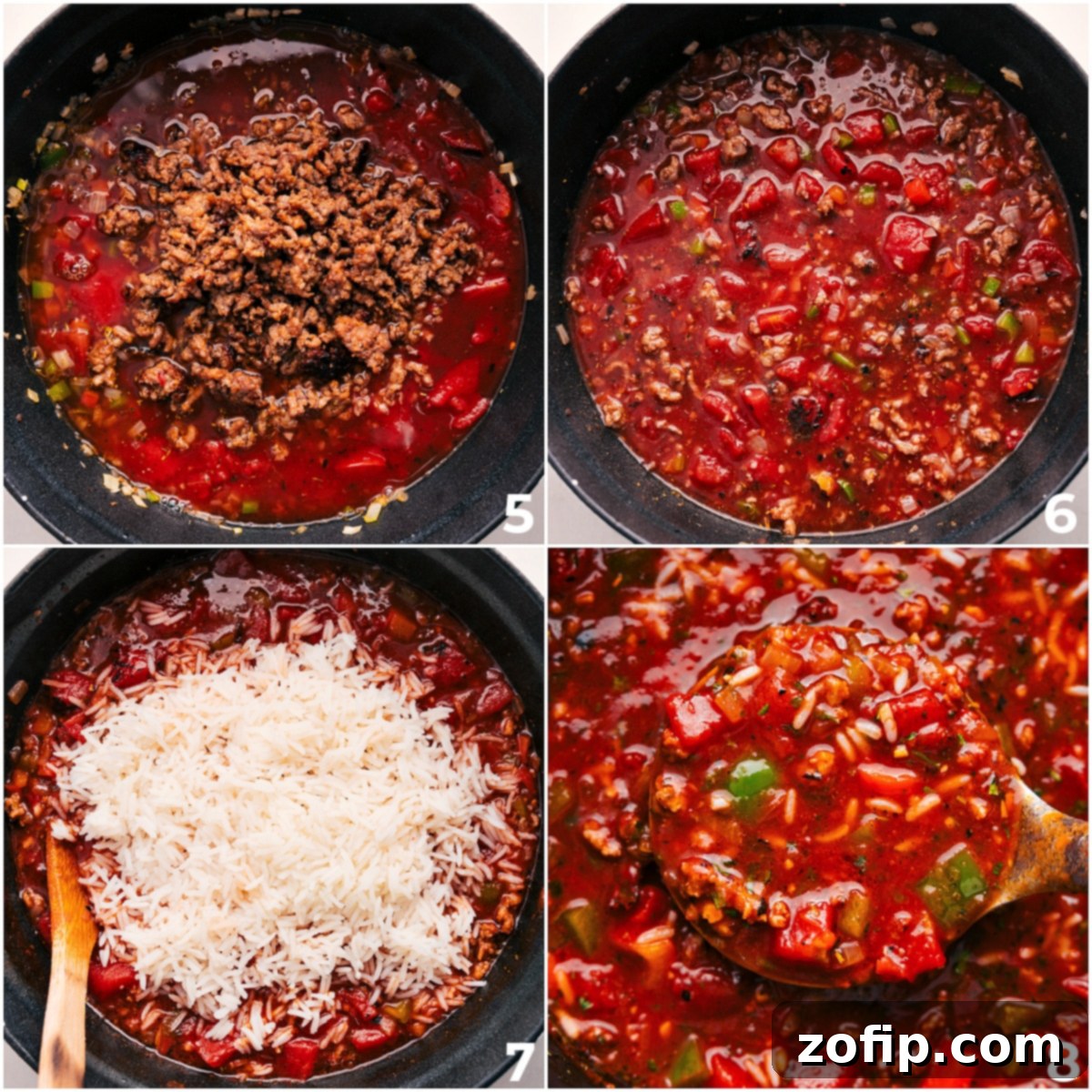 A large pot of Stuffed Pepper Soup with a scoop being taken out, showcasing the rich broth, ground meat, tender bell peppers, and rice.