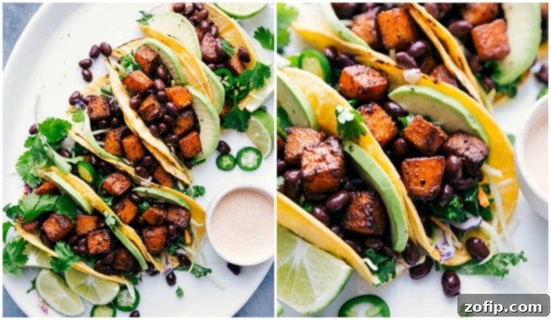 Roasted Butternut Squash Tacos with black beans loaded in a tortilla with the most amazing sauce. These vegetarian tacos are loaded with good-for-you ingredients and tons of flavor. A close-up image of the finished Butternut Squash Tacos, garnished and ready to be served, showcasing the delicious filling.