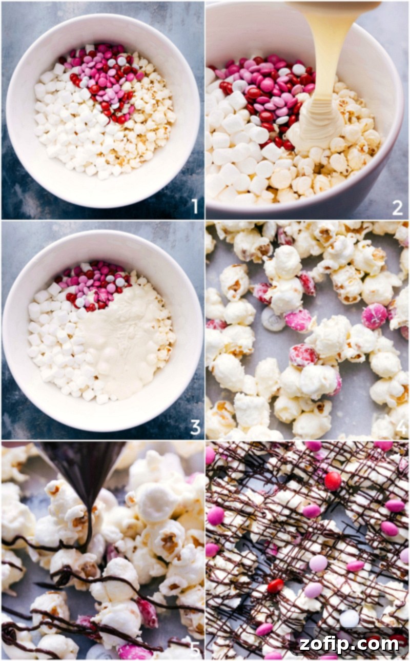 Making popcorn and adding melted chocolate to the ingredients for the valentine's popcorn.