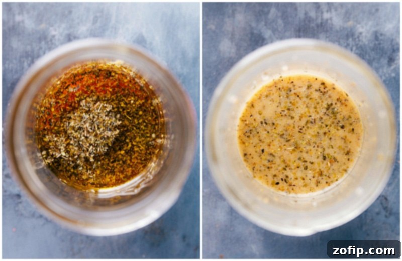 Greek salad dressing in a mason jar with herbs and spices.