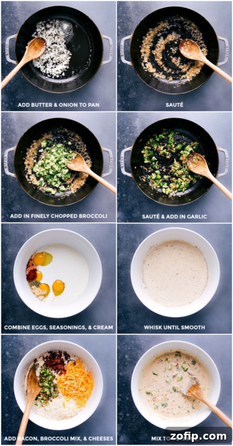 Process shots showing finely chopped broccoli and diced onion being sautéed in a skillet, and a bowl with eggs and heavy cream being whisked for the quiche custard.