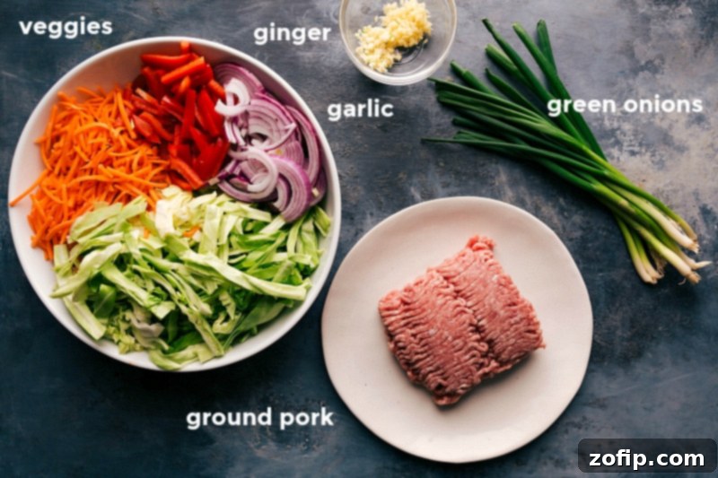 A collection of fresh ingredients laid out for the Egg Roll in a Bowl recipe, including ground pork, red onion, bell pepper, and a variety of spices and sauces.