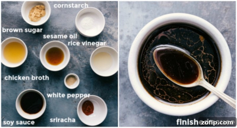 A close-up shot of hands mixing together ingredients in a bowl to create the savory sauce for Egg Roll in a Bowl.