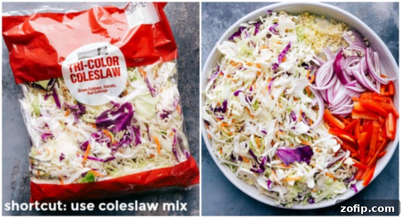 A vibrant mix of fresh coleslaw, shredded carrots, and other colorful vegetables, perfectly prepped and ready for the Egg Roll in a Bowl recipe.