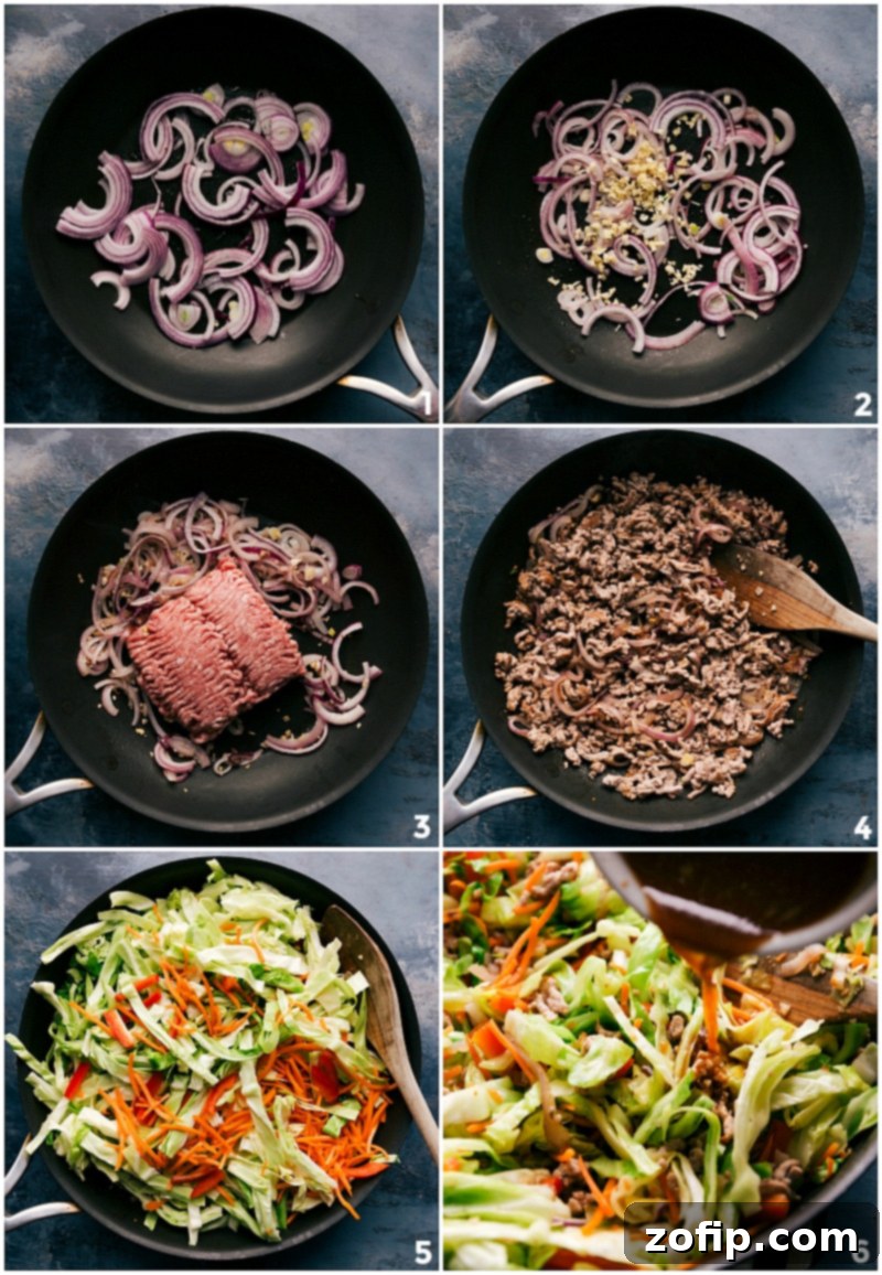 A series of step-by-step cooking photos showing onions sautéing, ground meat browning, and vegetables stir-frying in a large skillet, illustrating the preparation process of Egg Roll in a Bowl.