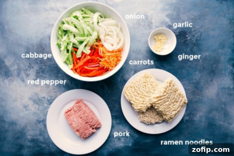 Assortment of fresh and vibrant ingredients for egg roll noodle recipe, including shredded cabbage, red bell pepper strips, sliced onion, matchstick carrots, ramen noodles, ground pork, minced garlic, and fresh ginger.