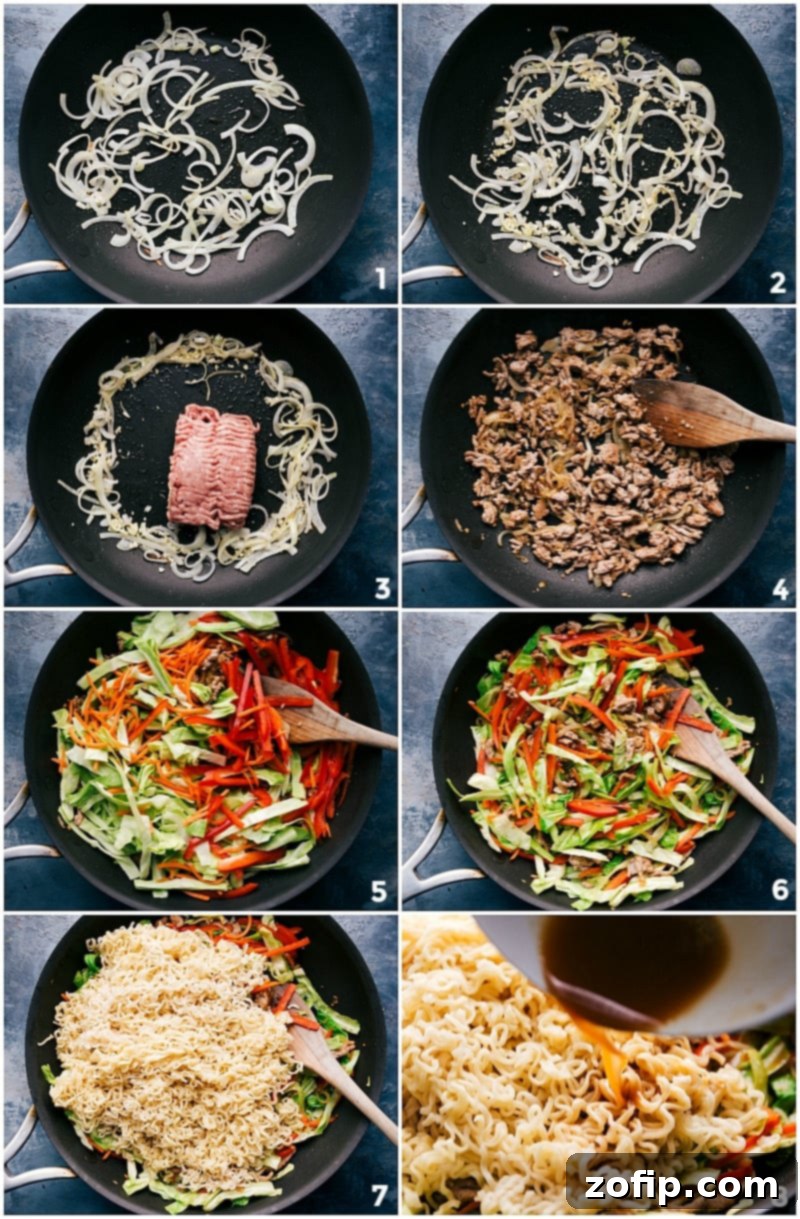 Sautéing onions, ginger, garlic, ground pork, various vegetables, and ramen noodles in a large pan or wok. Ingredients are added sequentially, building layers of flavor before the sauce is incorporated, creating a delicious stir-fry.