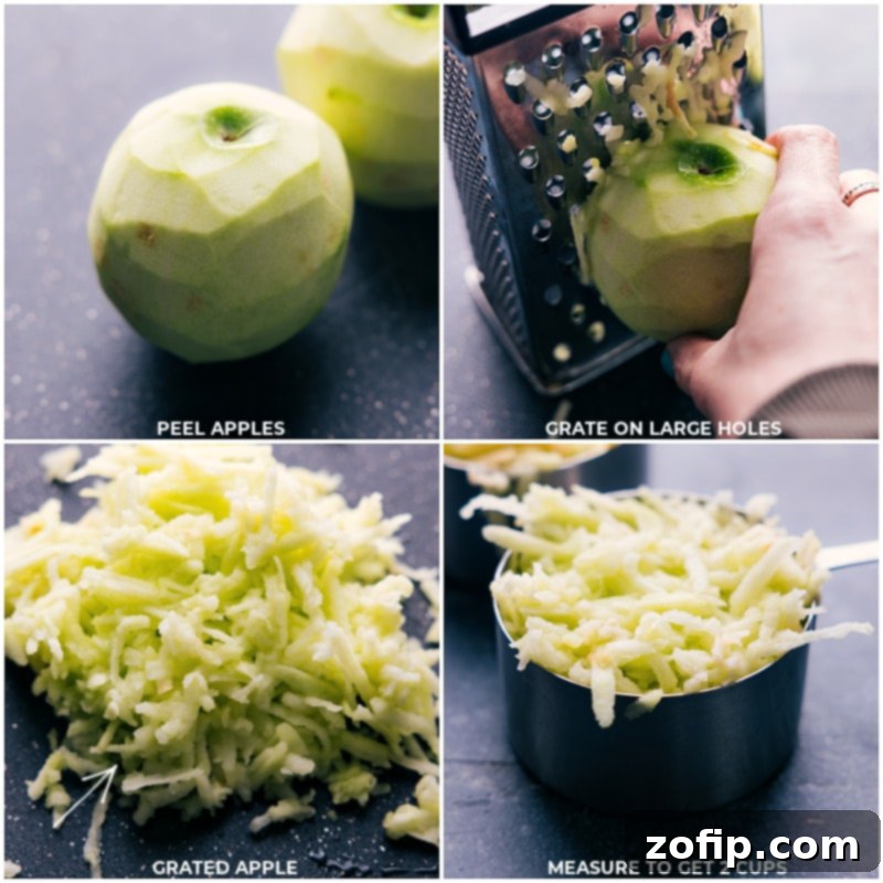 Process shots showing apples being grated, highlighting the key technique for moist apple bread.