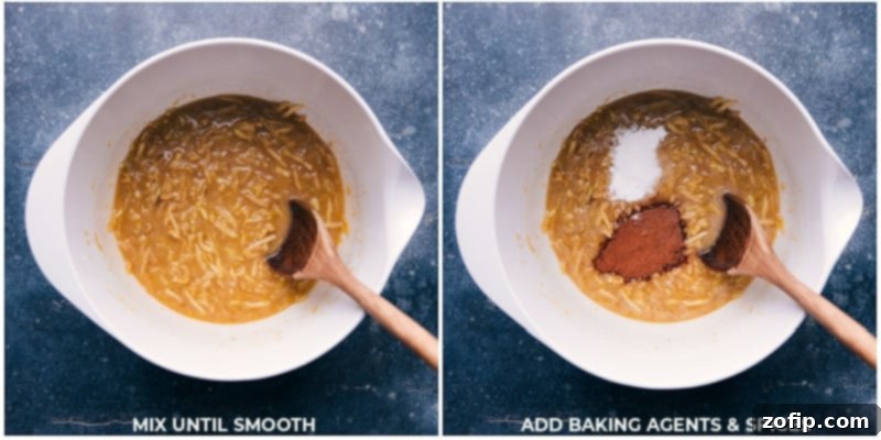 Process shots showing dry baking agents and spices being mixed together in a bowl.