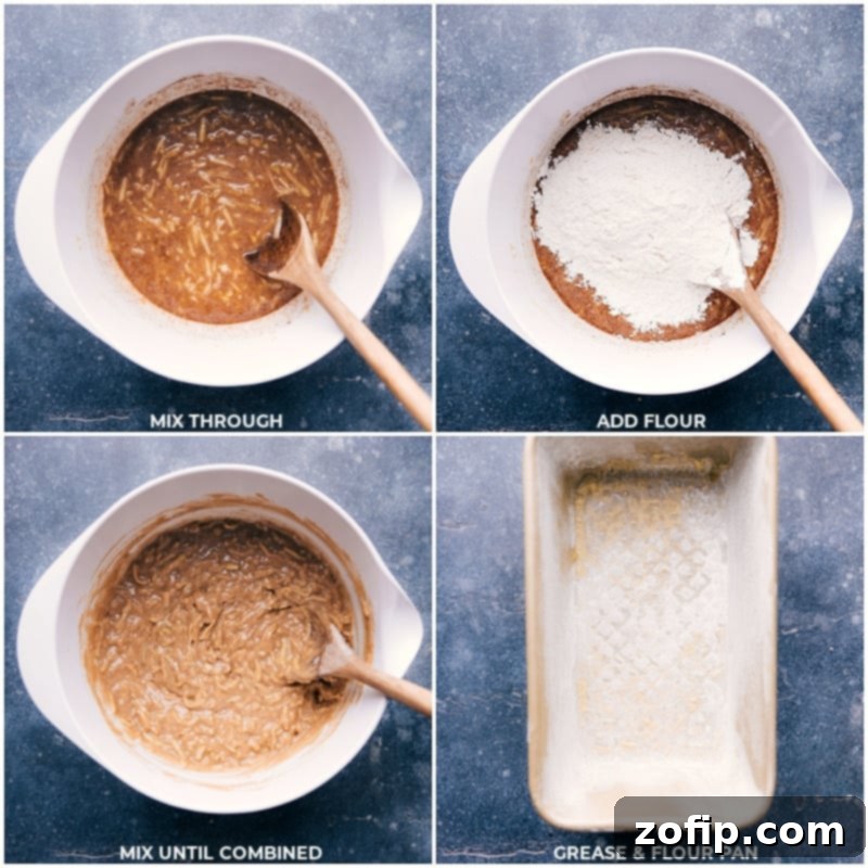 Process shots showing flour being mixed into the batter and a bread pan being prepared.