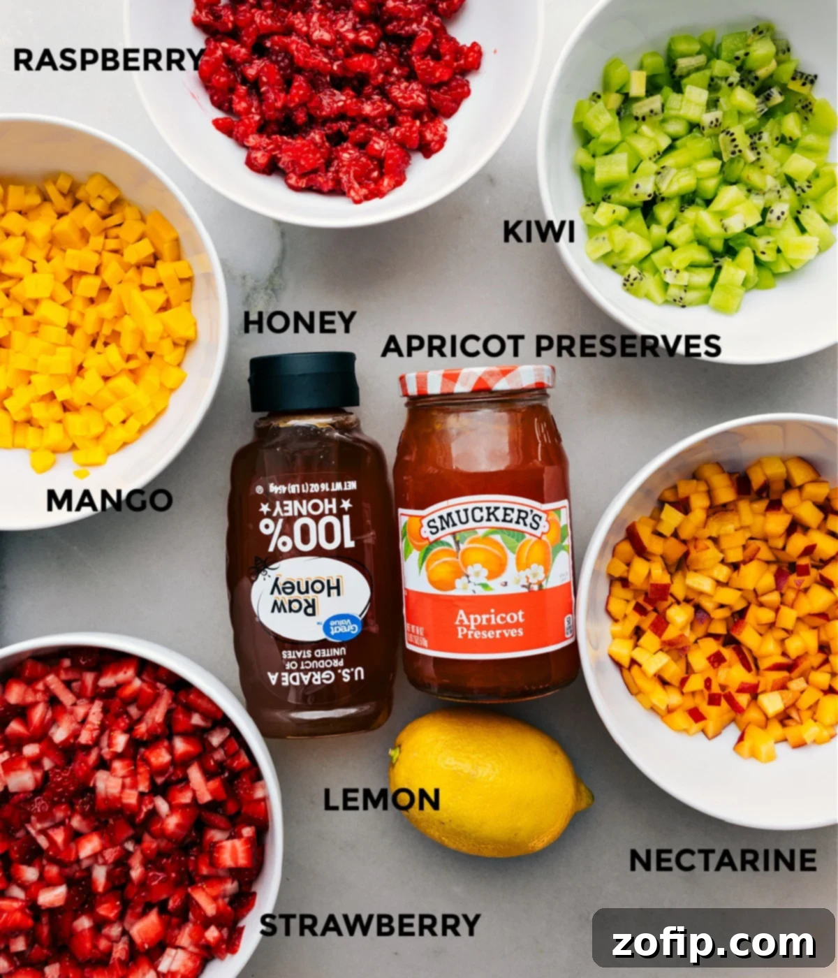 Ingredients for Fresh Fruit Salsa All the ingredients for fruit salsa prepped in separate bowls for easy assembly.