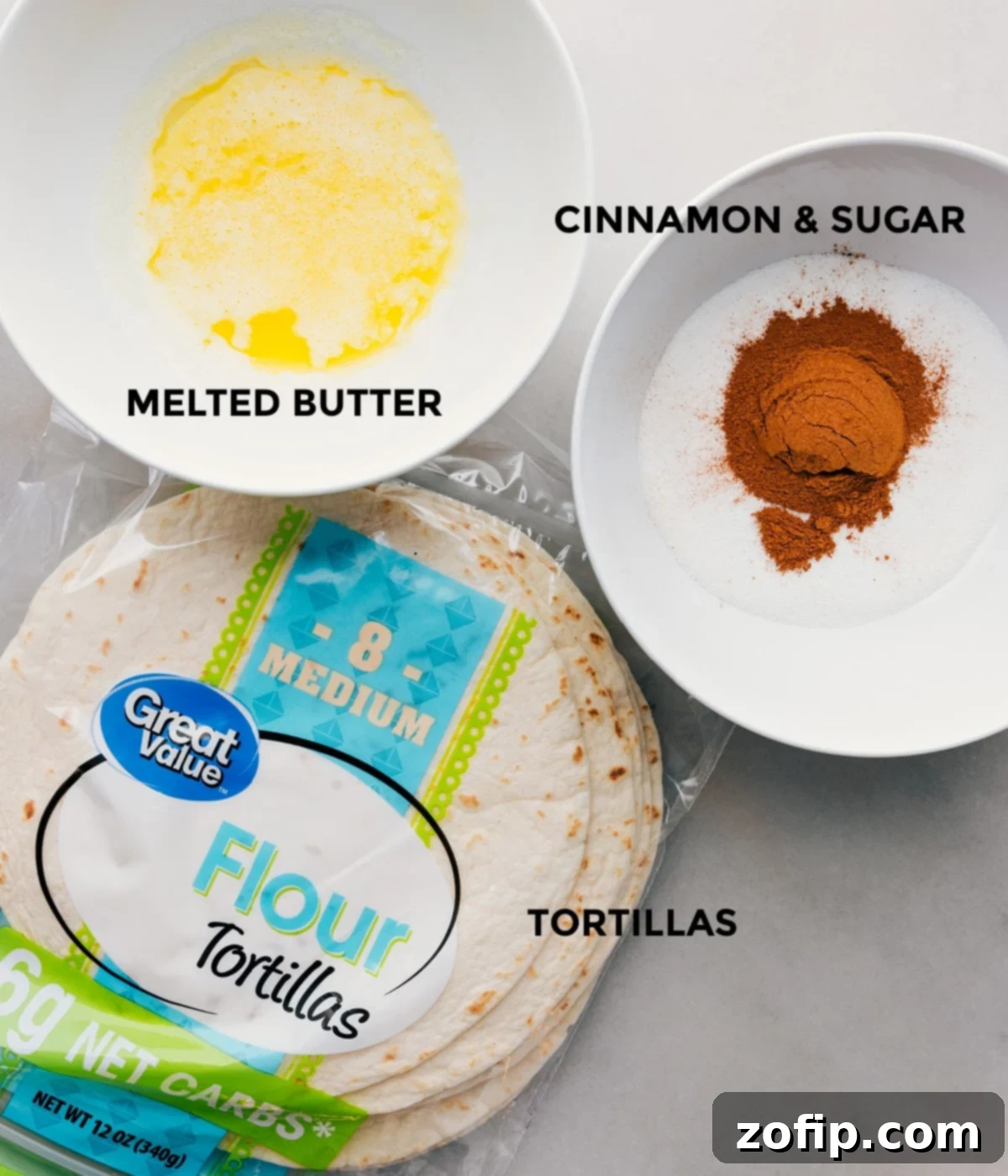 Preparing Cinnamon Sugar Chips for Dipping All the ingredients for cinnamon sugar chips, prepped and ready to be made.