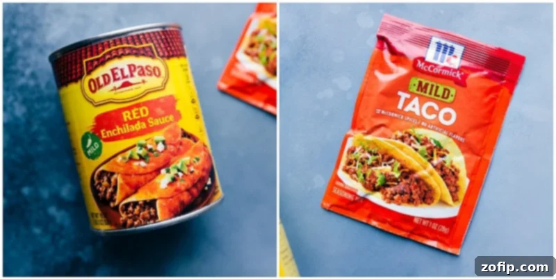 A close-up view of a can of mild red enchilada sauce and a packet of taco seasoning, illustrating the essential flavor enhancers for this Mexican Quinoa recipe.