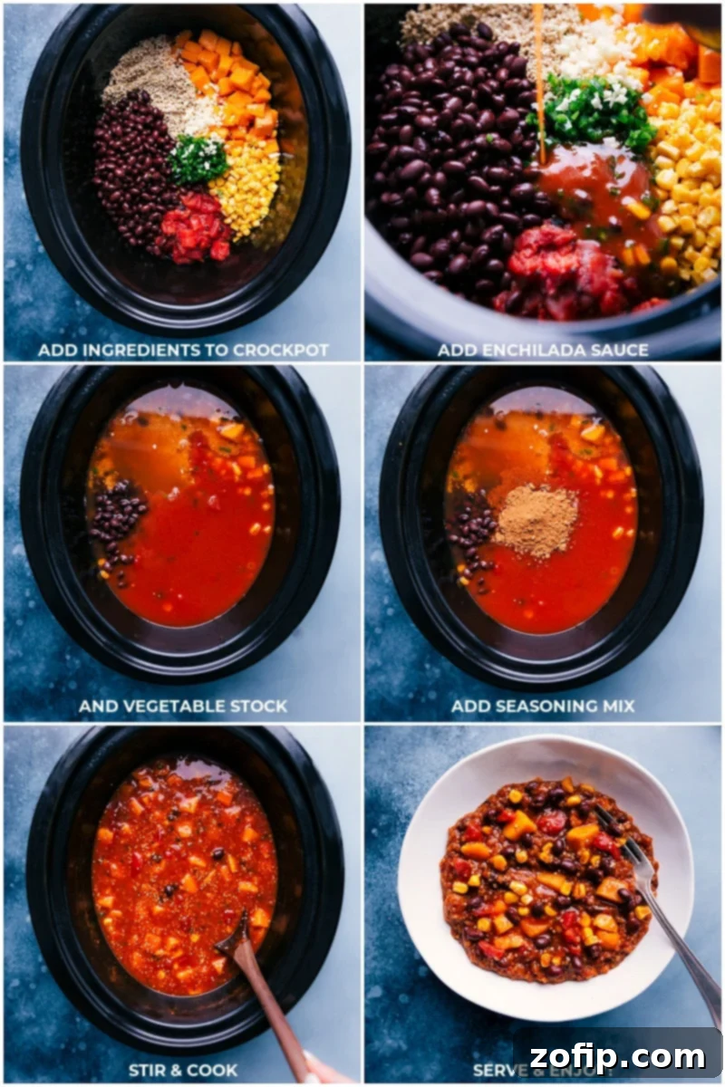 All the raw ingredients for Slow Cooker Mexican Quinoa being carefully added into a slow cooker and beginning the cooking process.
