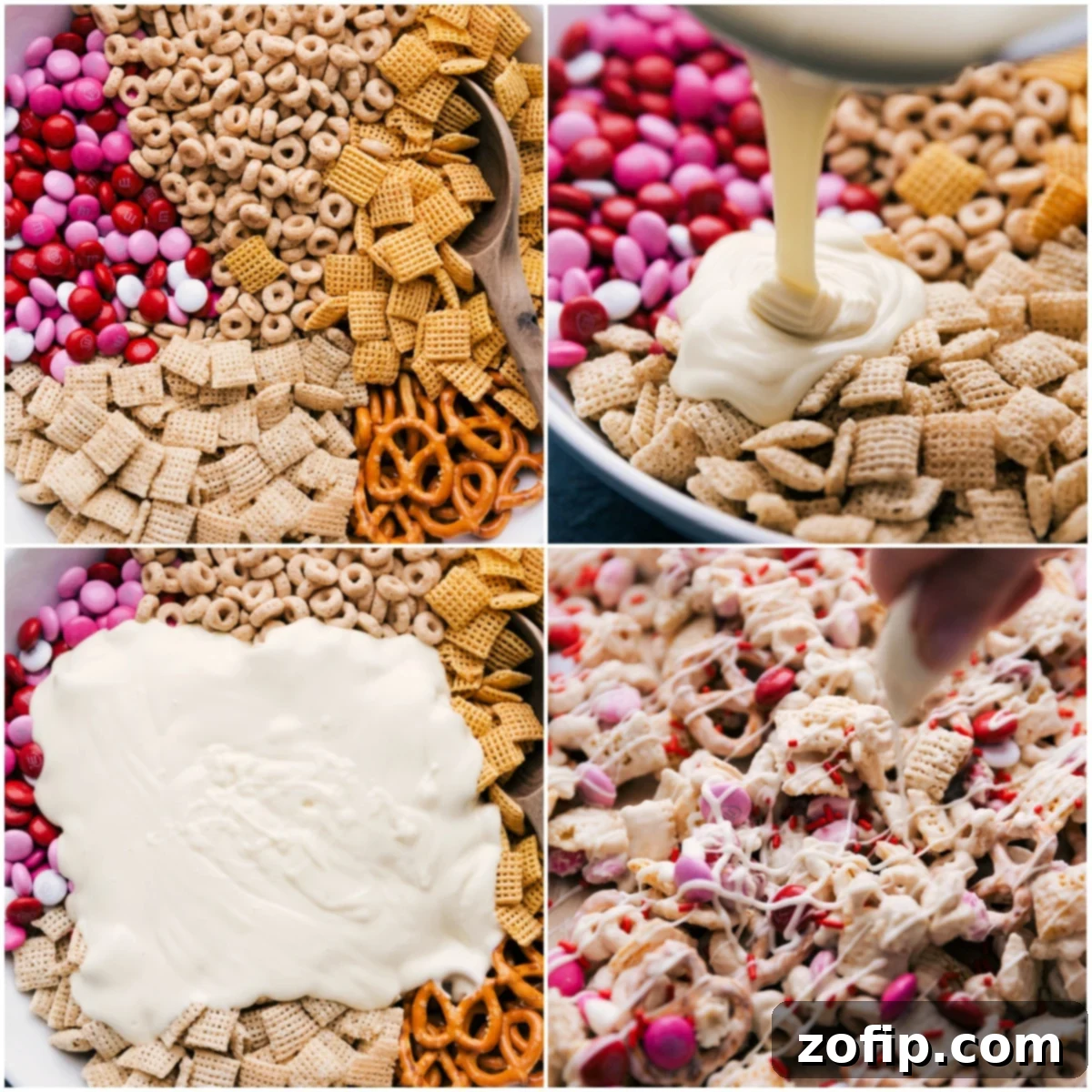 Various snack mix ingredients like cereal, pretzels, and M&M's being added to a large bowl, capturing the preparation process of Valentine Snack Mix.