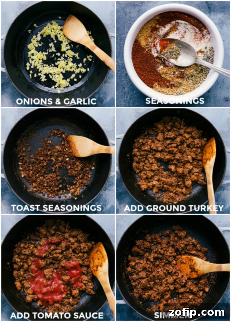 Preparation of ground meat for loaded taco fries, showing seasoning and cooking process in a pan.
