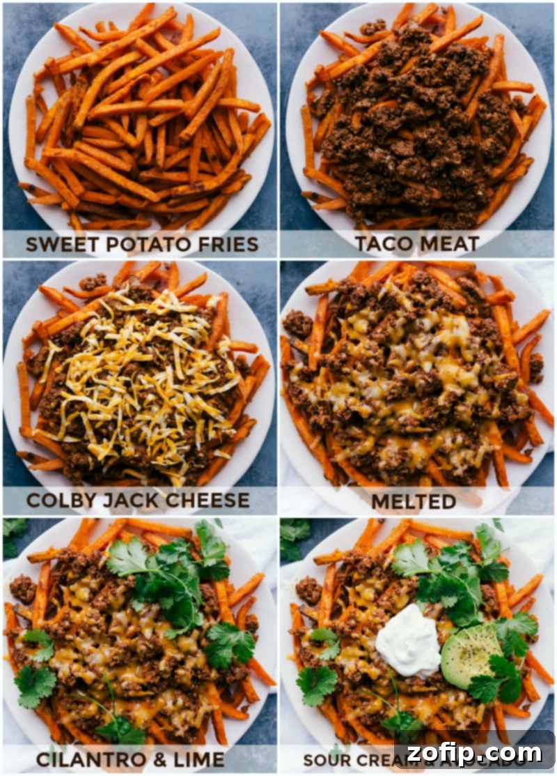 Layering sweet potato fries with seasoned meat, cheese, and various fresh toppings to create delicious loaded taco fries.
